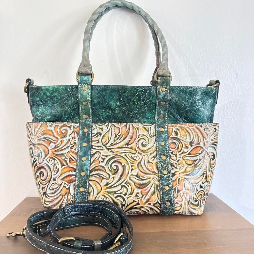 Patricia Nash Talloria Tooled Leather Handbag Tote turquoise green purse western